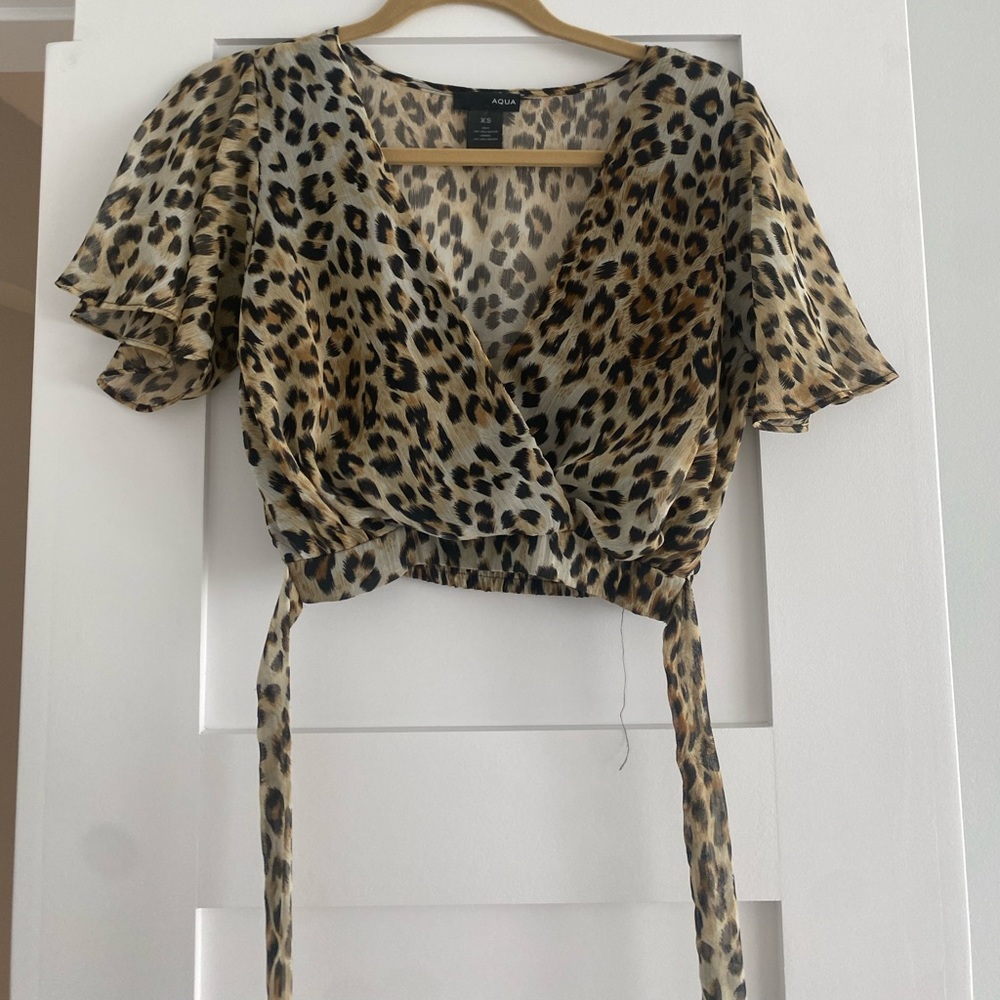 Aqua blouse with tie (cheetah print)
